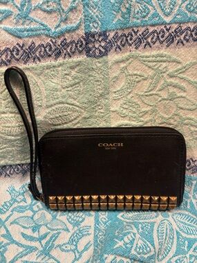 Coach Black Leather Wristlet with Gold Pyramid Studs Vintage